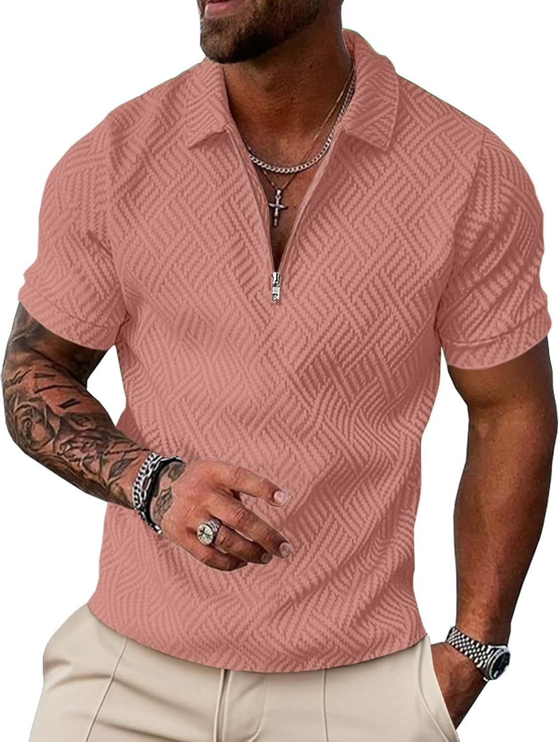 UOUA Men's 1/4 Zip Polo Shirts Textured Summer Casual Business Golf Shirt
