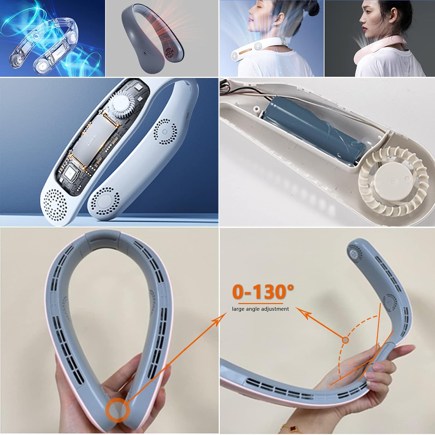 Neck fan showing 0-130 degree angle adjustment and internal components