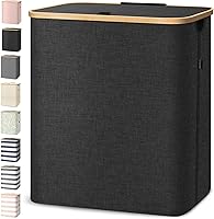 Vista 16 de BALEINE Cesta de lavandería con tapa, cestas altas para la ropa sucia con asas de bambú, contenedor grande para la ropa sucia con soporte interno