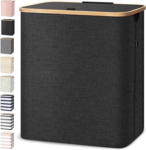 Vista 17 de BALEINE Cesta de lavandería con tapa, cestas altas para la ropa sucia con asas de bambú, contenedor grande para la ropa sucia con soporte interno