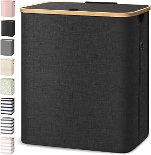 BALEINE Laundry Hamper with Lid, Tall Laundry Baskets with Bamboo Pull Handles, Large Laundry Bin with Internal Support (36 Gal/140L, Black)