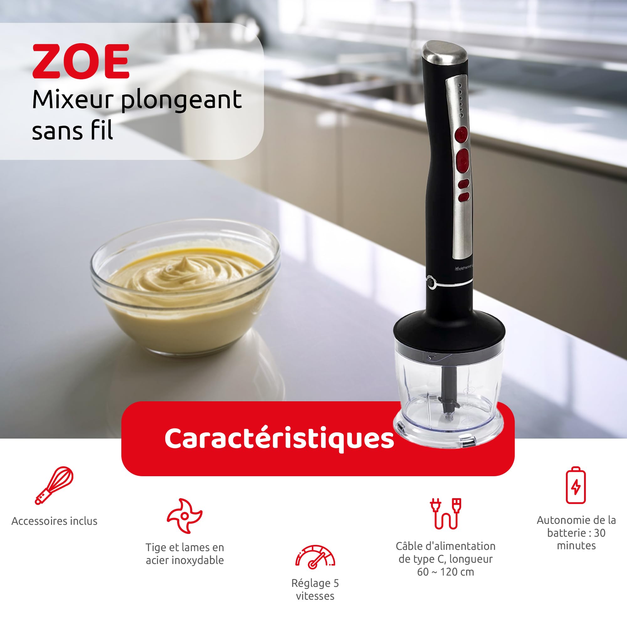 Melchioni Family | Mixeur Plongeant Sans Fil Rechargeable, Ensemble avec Batteur, Hachoir, Mixeur et Verre Gradué de 600 ml, Modèle ZOE, Couleur Noire