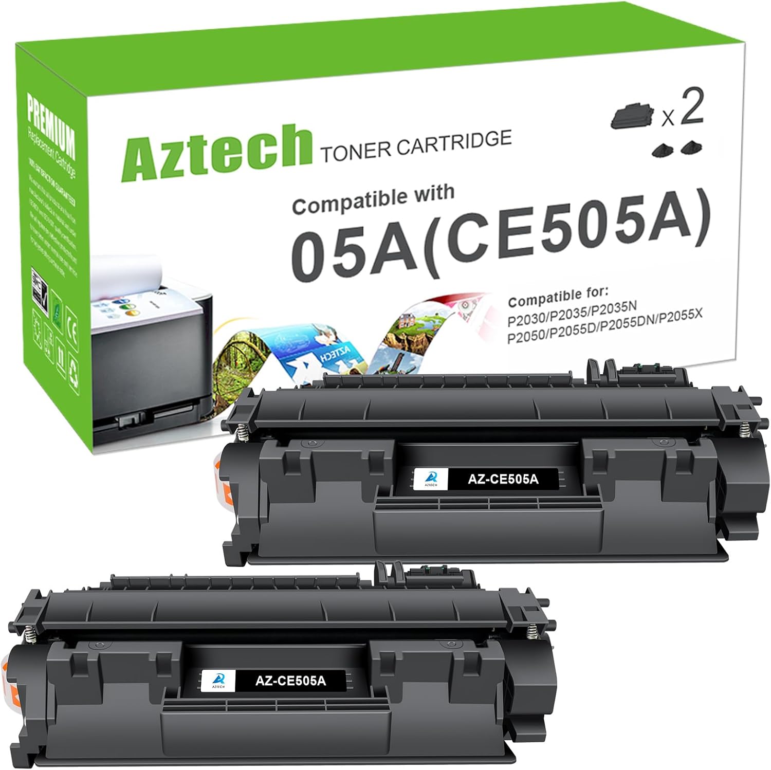 Aztech 05A CE505A Toner Cartridge Black Compatible for HP LaserJet CE505A 05A for HP LaserJet P2035 Toner Cartridge P2035N P2055DN 2055DN 2035N P2030 P2050 P2055D P2055X 2055D 2055X Printer 2 Pack