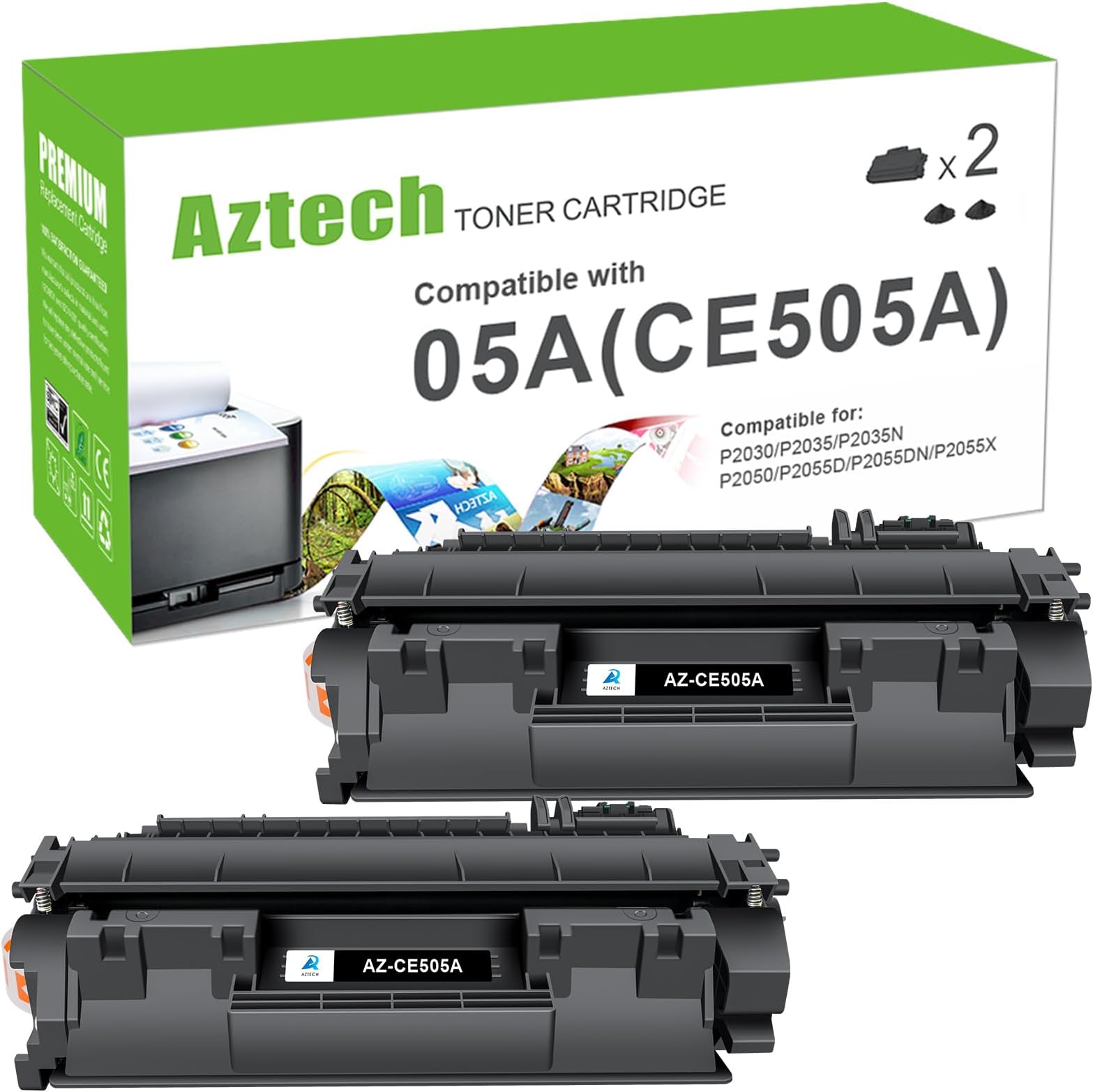 Aztech Compatible Toner Cartridge Replacement for HP CE505A 05A P2035 P2055DN P2055 P2055D P2050 P2055X Toner (Black, 2-Pack)
