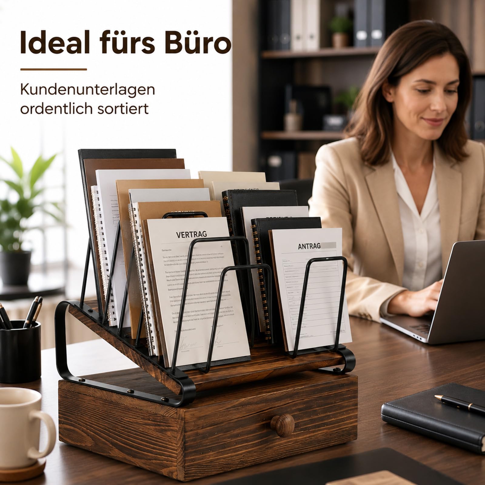 Büro Dokumentenablage Holz, Briefablage A4, Schreibtisch Organizer Holz | 5 Ebenen, Desk, Schublade, Stehsammler Papierablage für Home Office Regal, Schule und Aktenordnung