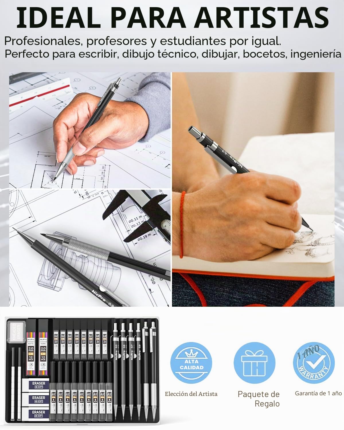 Nicpro 34 portaminas de arte negros, lápiz de dibujo de metal de 0,3, 0,5, 0,7, 0,9 mm y 2 portaminas de 2 mm (6B, 4B, 2B, HB, 2H, 4H) para dibujar bocetos, 19 tubos de repuesto para minas