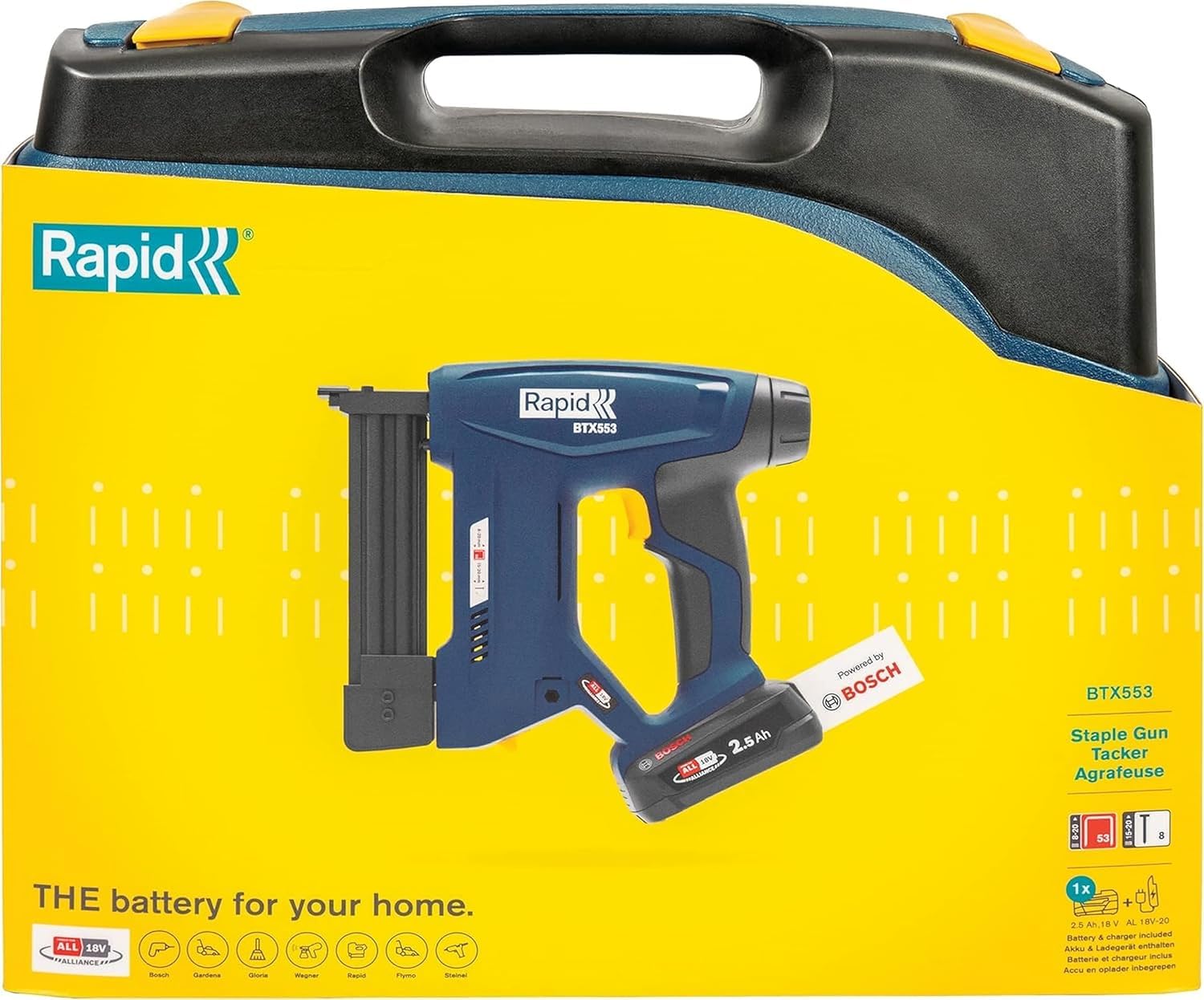 Rapid BTX553 18V Pistola Graffatrice, Compatibile con Graffette a Filo Sottile n.53 e Chiodini n. 8, per Tappezzeria e Bricolage Include 300 Chiodini, Batteria, Caricabatteria e Valigetta 5001506