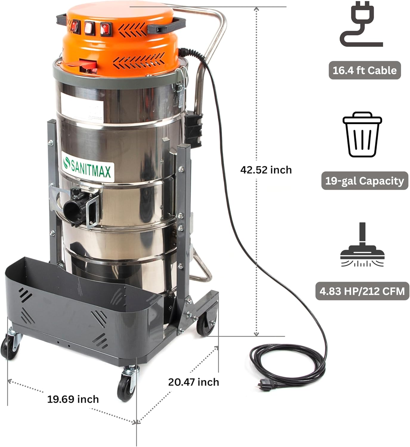Industrial Wet-Dry Vacuum Cleaner, 3600W Triple Motor, 19-Gal Stainless Tank, HEPA Filtration, 211.9 CFM, Manual Filter Cleaning, Commercial Vacuum for Factories, Warehouses & Workshops