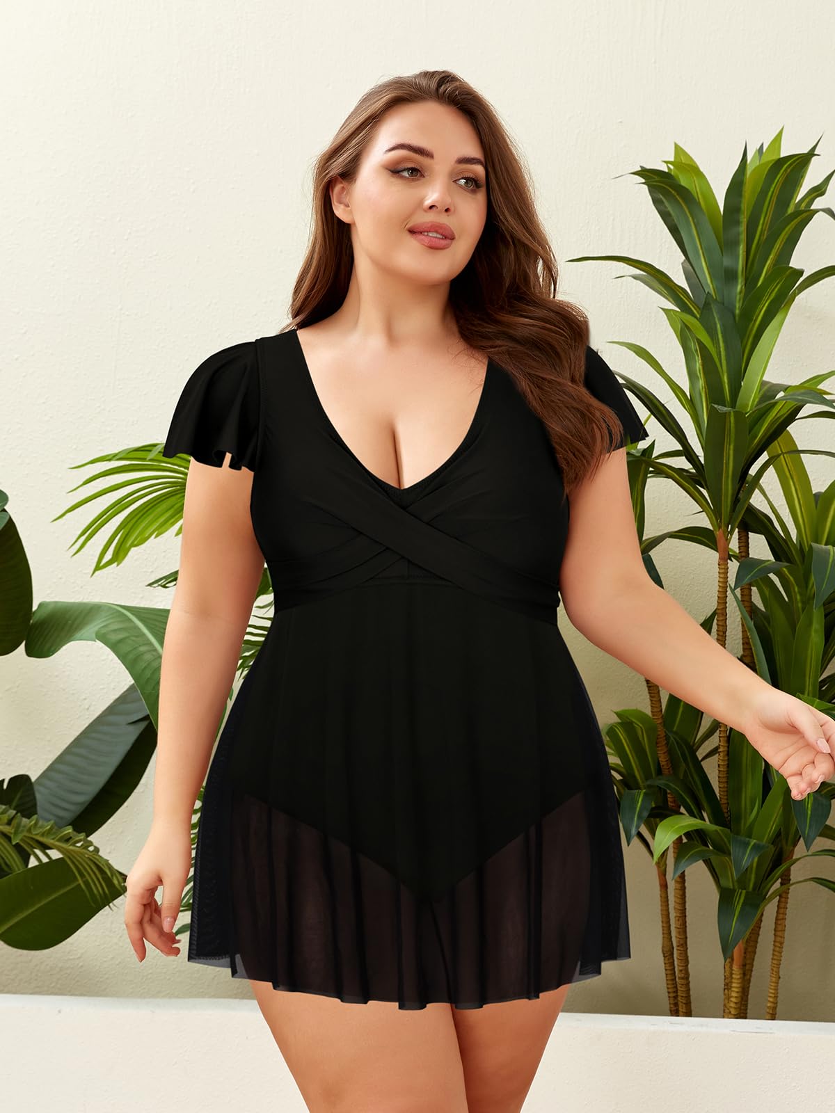 SHEKINI Maillot de Bain Une Pièce pour Femme Décolleté Plissé Croisé avec Poignets à Volants Grande Taille Maillot de Bain Jupette Femme