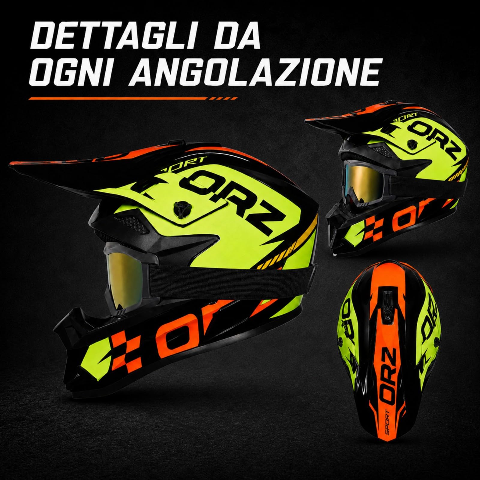 Casco Cross giallo neon, nero e arancione con Occhiali e Guanti
