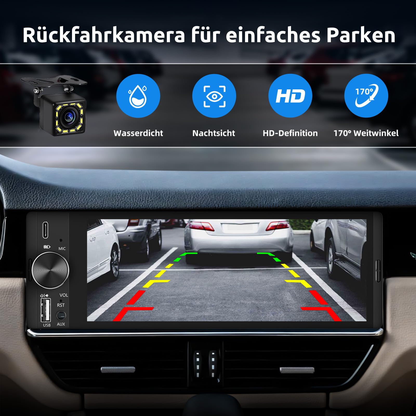 ESSGOO 6.36 Zoll 1 DIN Autoradio mit Wireless Carplay und Android Auto, HD IPS Bildschirm Auto Display Bluetooth Radio mit Rückfahrkamera Mirror Voice Control Mirror Link FM