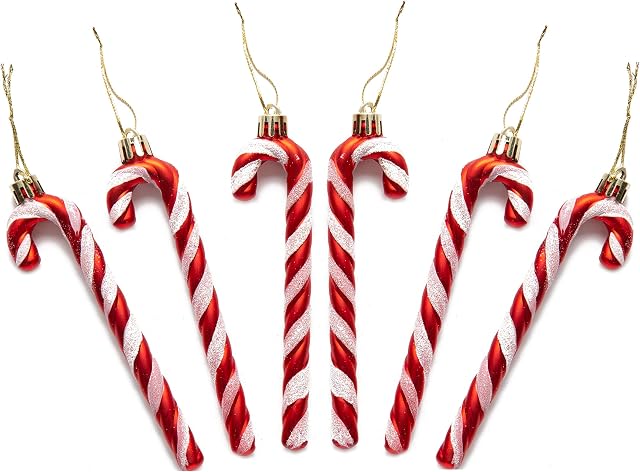 Pack of 6 - 13CM Glitter Candy Cane Christmas Tree Hanging Decoration Bauble Xmas Ornament (Red)