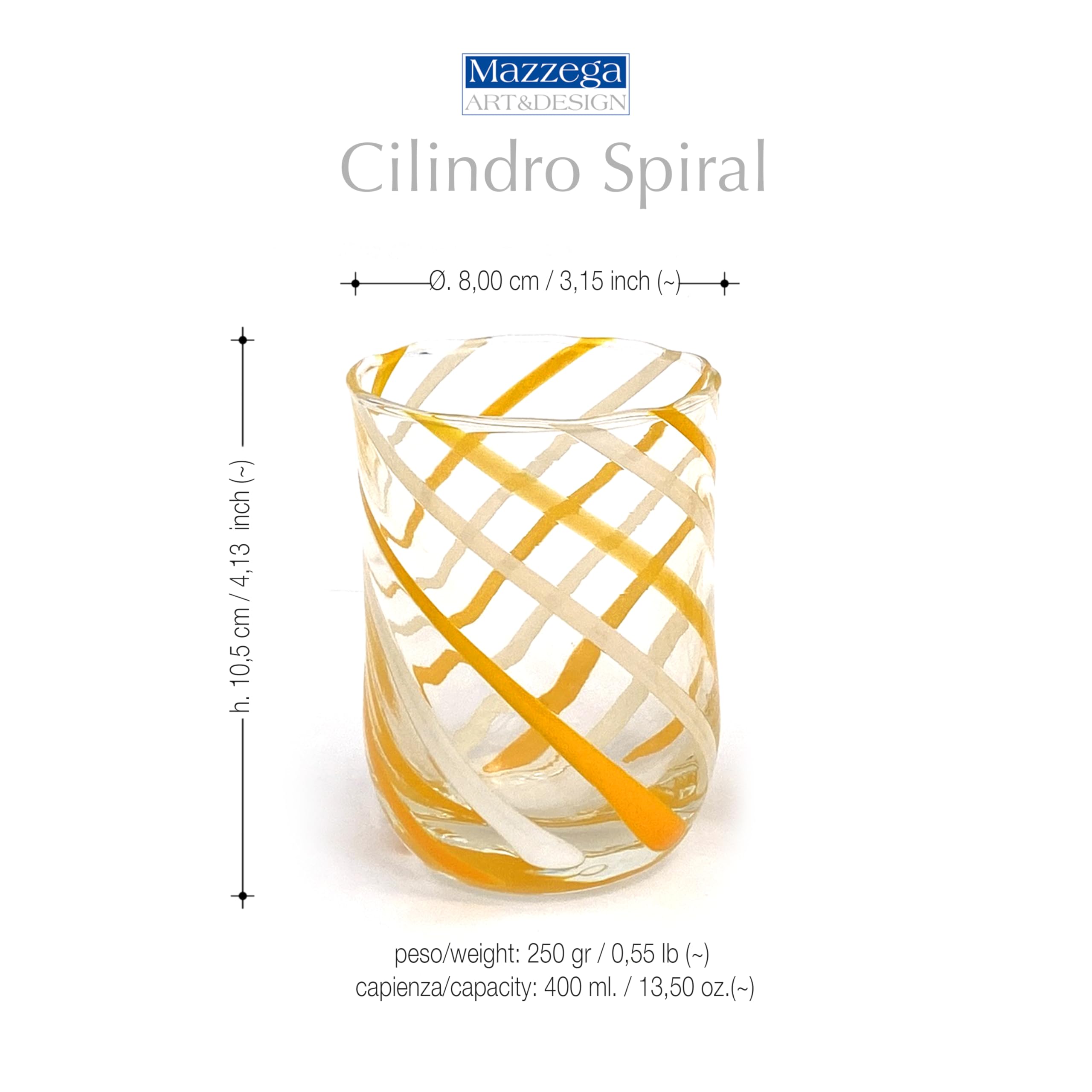 MAZZEGA ART & DESIGN - 6 vasos de agua - Cilindro Spirial - de cristal, soplados y hechos a mano con cristal de Murano, línea "I Colori di Murano" 350 ml. Made in Italy (6, blanco - amarillo)