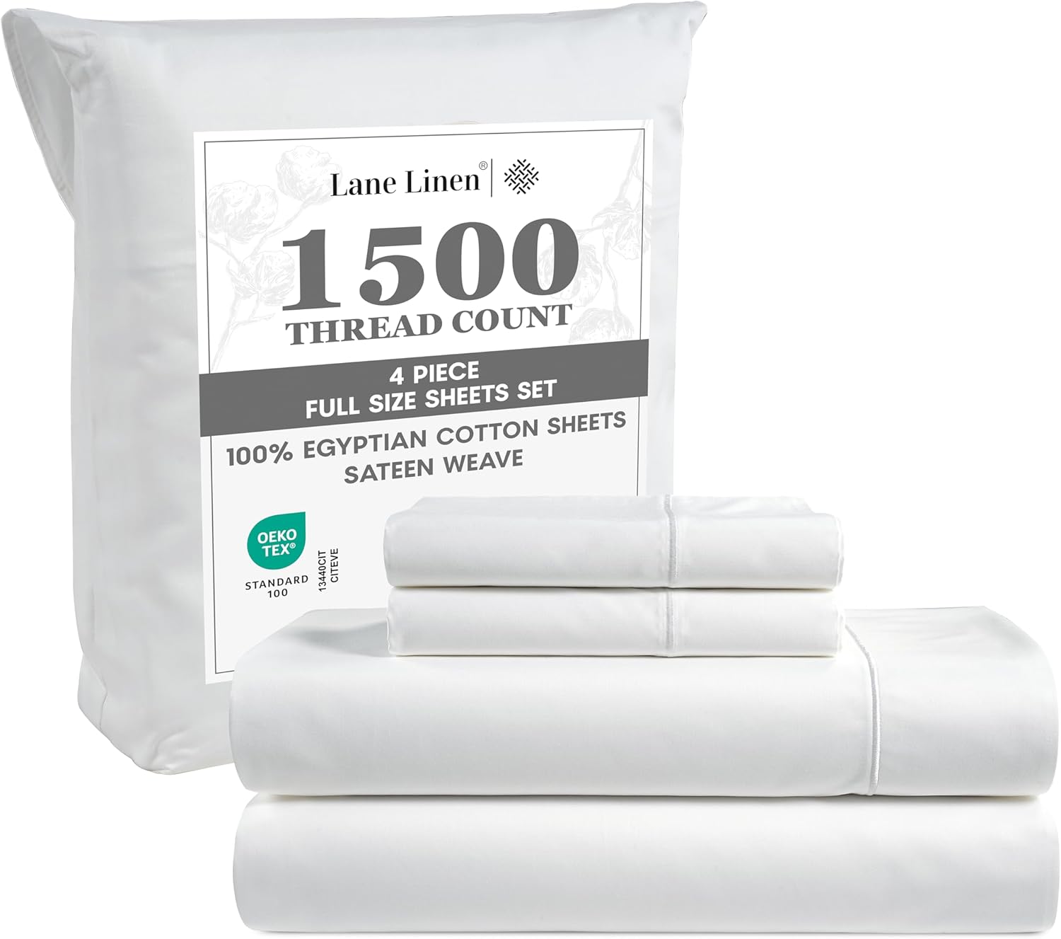 LANE LINEN 100% Egyptian Cotton White Sheets Full Size - 1500 TC, 4 Piece Set - Premium Sateen Weave Cotton Full Sheet Sets - 15" Deep Pocket Full Size Sheets Set - White Bed Sheets