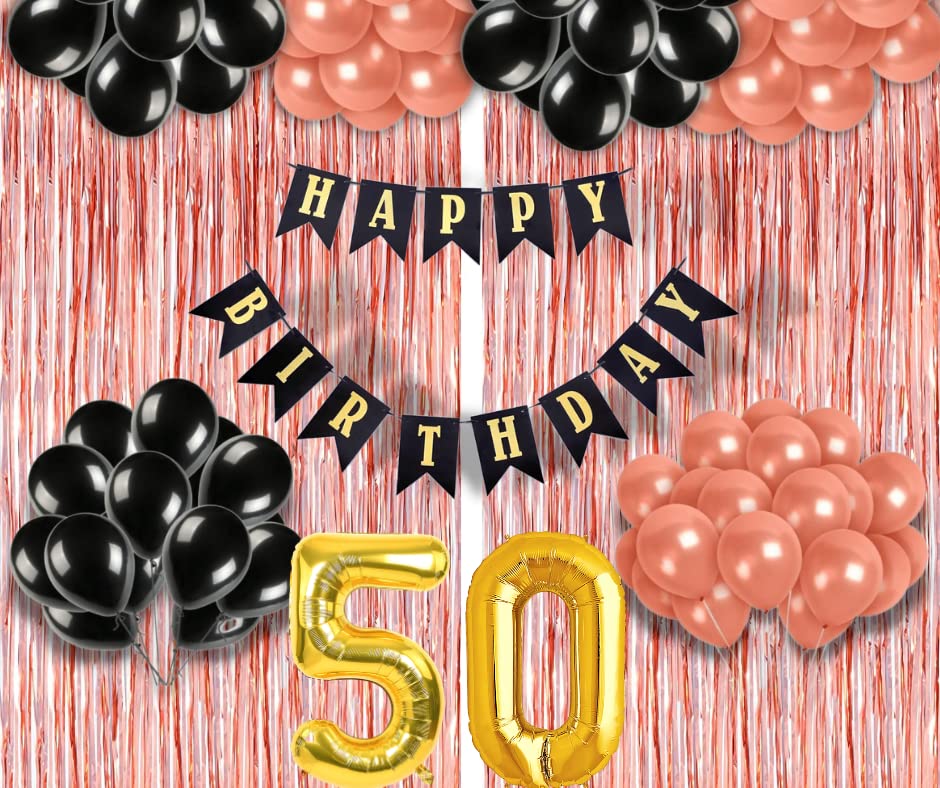 Image of 50th Birthday Decoration items for Girls with Black and Rose Gold Balloons, Black Happy Birthday Banner, Rose Gold Foil Curtain, Foil Balloon number 50