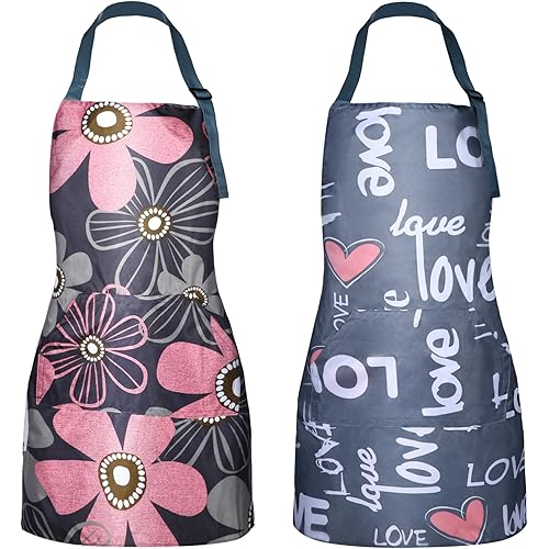 2 Pcs Aprons for Women with Pockets, Waterproof Adjustable Kitchen Apron, Cooking Baking Garden Apron for Gardening Baking Crafts Unisex