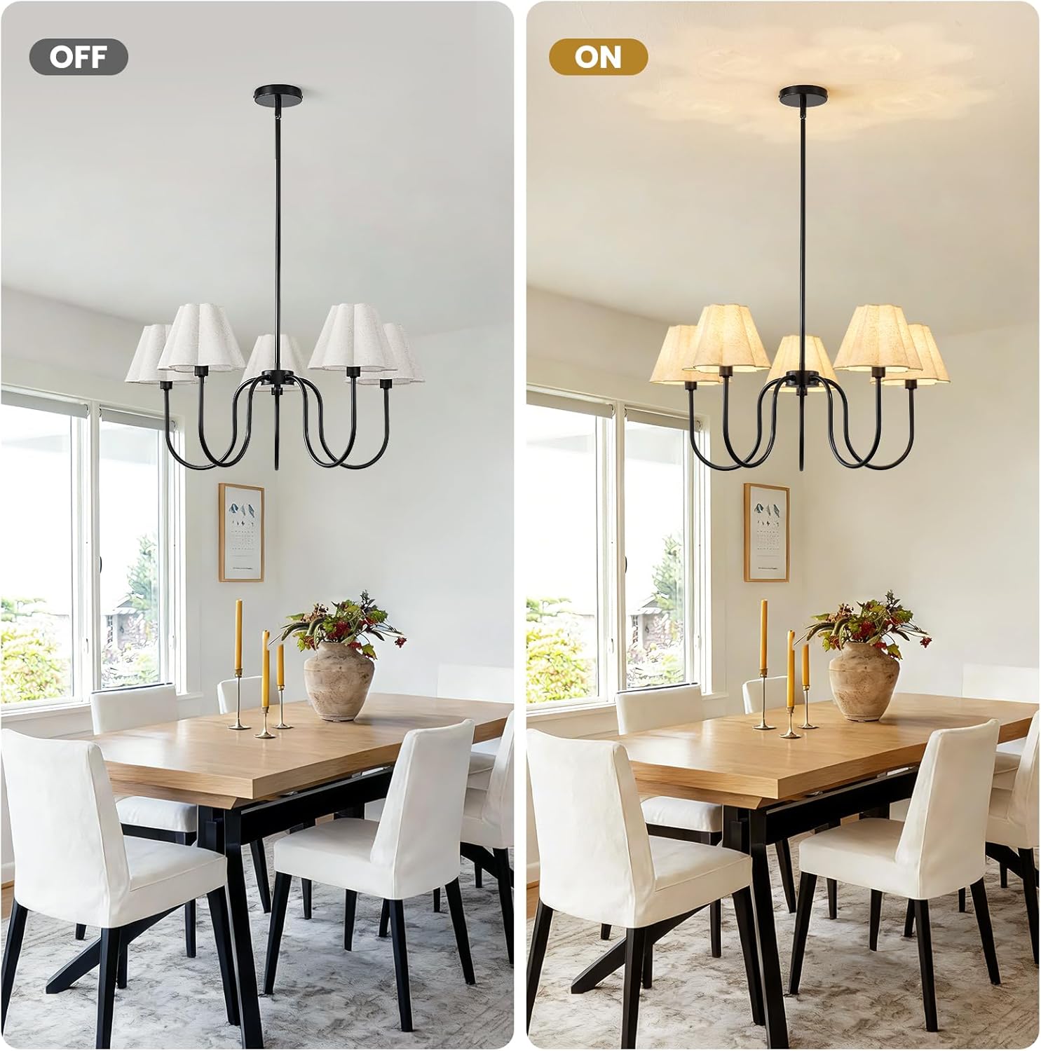 Modern 5-Light Black Chandelier, Large Fabric Shade Dining Room Light Fixture Over Table with Adjustable Downrods, Farmhouse Pendant Lighting for Kitchen Island Living Room Entryway