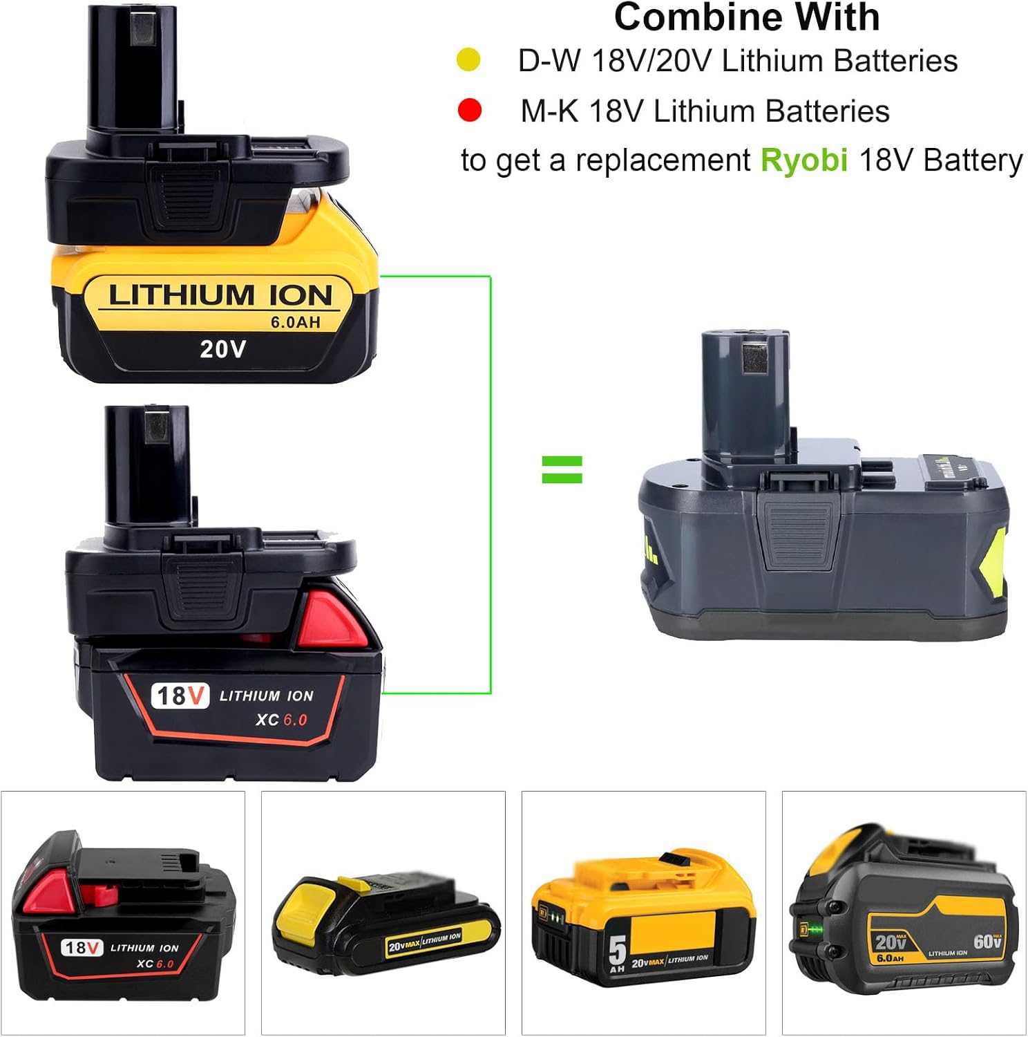 DM18RL Battery Adapter for De-Walt to Ryobi Battery&for Mil-K to ryobi,Convert De-Walt 20V/Mil-K 18V to Ryobi 18V One+ Lithium-ion Battery(Only Adapter) thumbnail