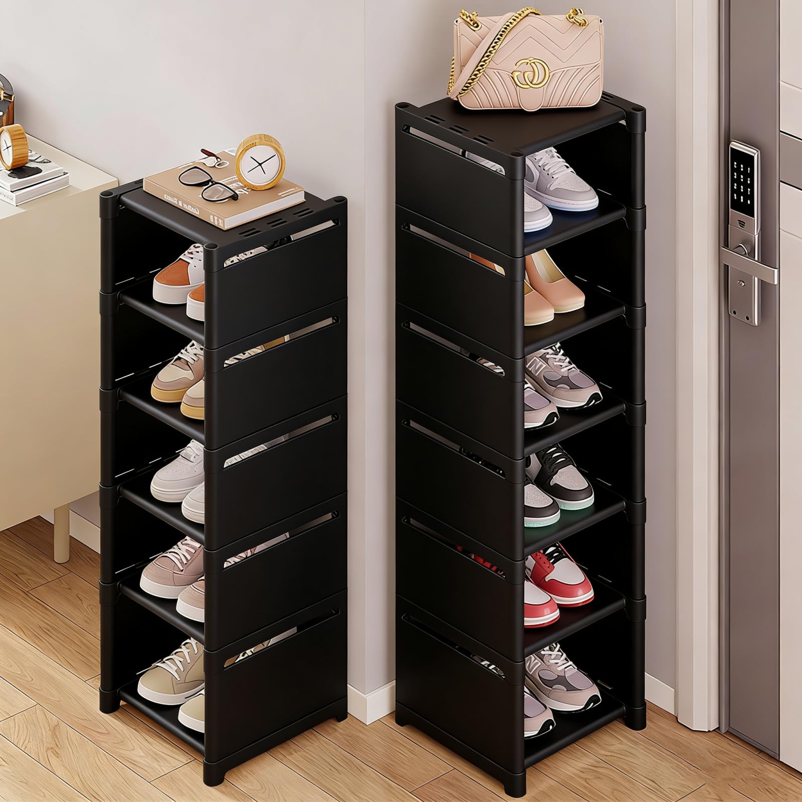 Nydunce Scarpiera Verticale a 8 Ripiani in Metallo Salvaspazio, Alta e Stretta, Organizer Compatto per Interno/Esterno, per 10-15 Paia di Scarpe