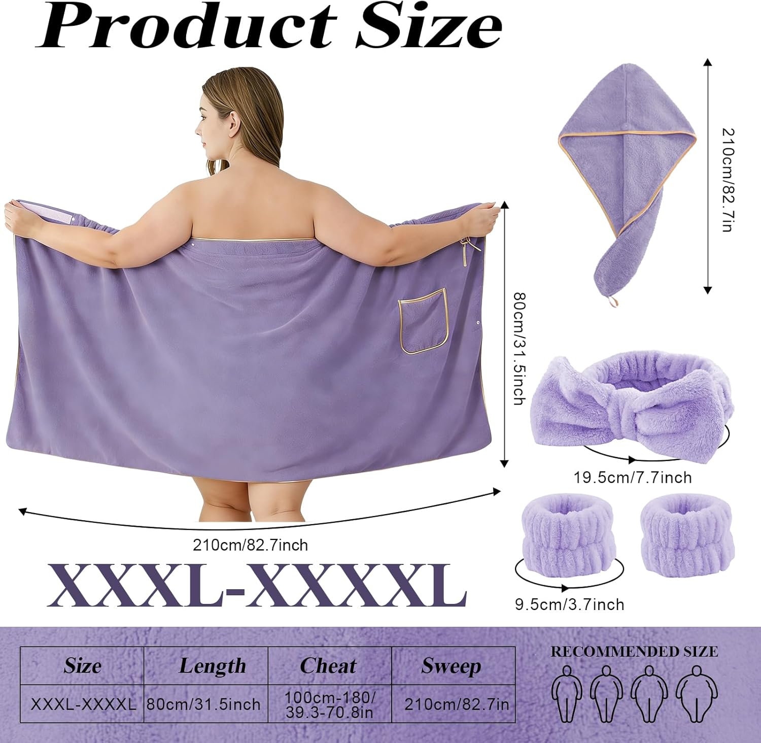 Plus Size Women's Towel Wrap, Plus Size of 80CM X 210CM, Purple of Adjustable Body Wrap Towels and Hair Drying Towels for Women, Quick-Dry Coral Fleece, Suitable for Spa, Shower, Bath, and Gym.