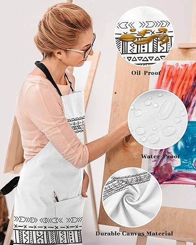 Miniatura 4 de Waterproof Apron with 2 Pockets, Boho Style Black White Geometric Pattern Adjustable Man and Women Kitchen Bib Apron for Baking Cooking Restaurant