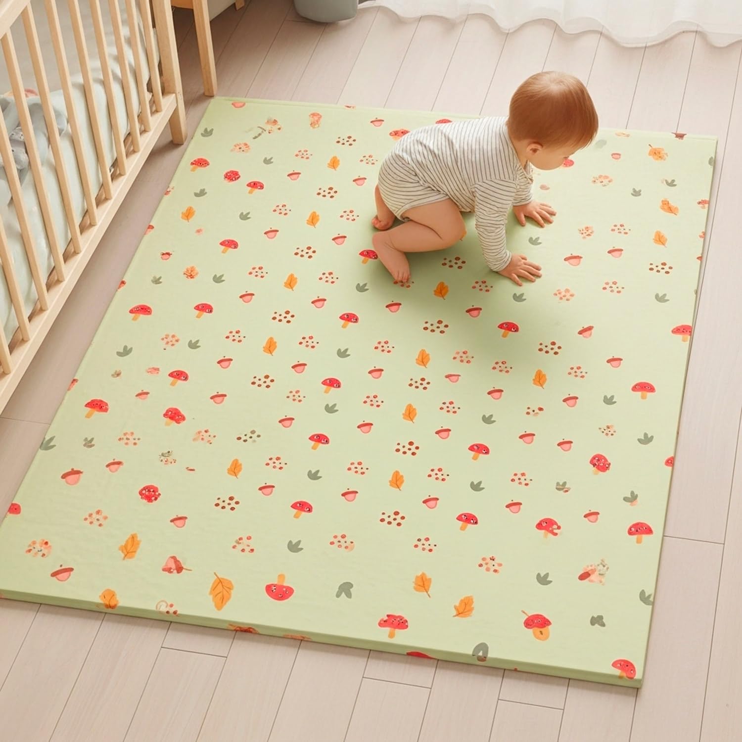 Tappetino Gioco per Bambini Pieghevole, 200x150 cm, Spessore 10mm, Motivo Bosco con Animali, Verde