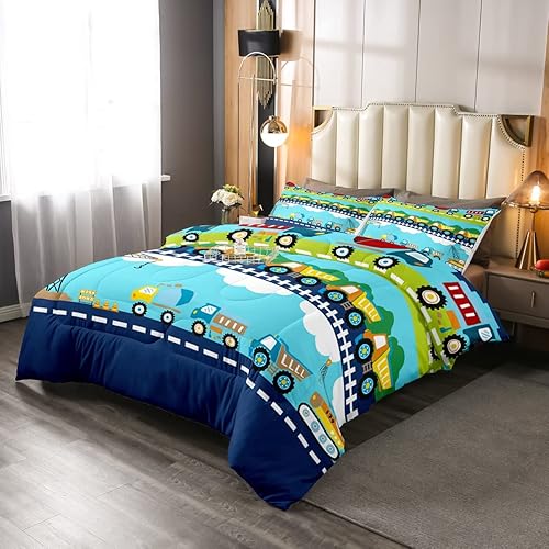 Miniatura 7 de Erosebridal Juego de edredón de vehículos de dibujos animados, edredón acolchado de avión, para niños, niños, adolescentes, camión de bomberos,