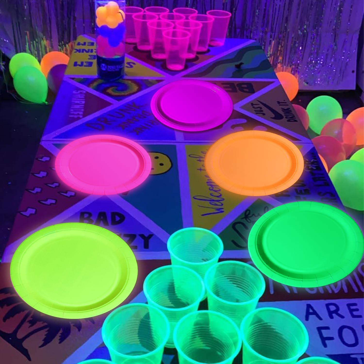 100 Pcs Glow in the Dark Neon Party Supplies, 5 Color Neon Birthday Plates Disposable Paper Plates for Let's Glow Party Decorations Halloween, 9 x 9 inches