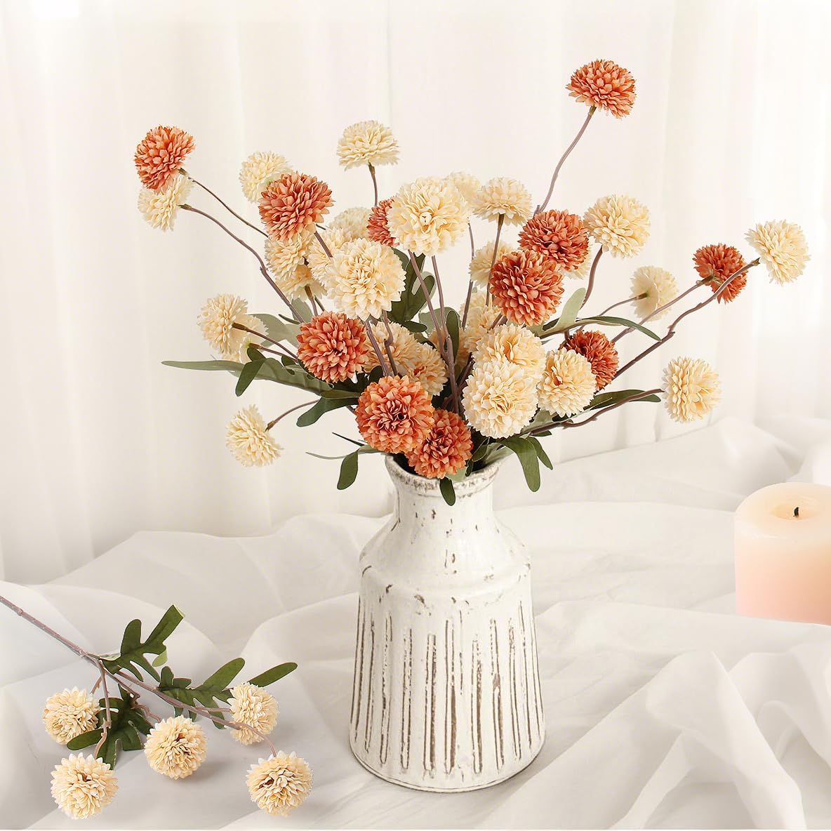 Artificial Fall Flowers - 14pcs Fall Faux Pompon Mum Flowers, Beige Silk Fake Chrysanthemum Kiku Blooms Flower Bulk with Eucalyptus Stems for Bouquets Decor,Fall Decorations, Floral Arrangements