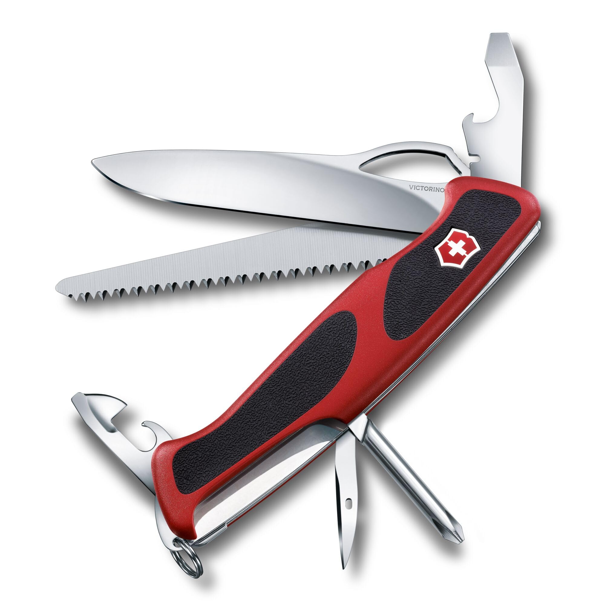 Victorinox Ranger Grip 78 Swiss Army Pocket Knife, Large, Multi Tool, 12 Functions, Locking Blade, One Hand, Red/Black