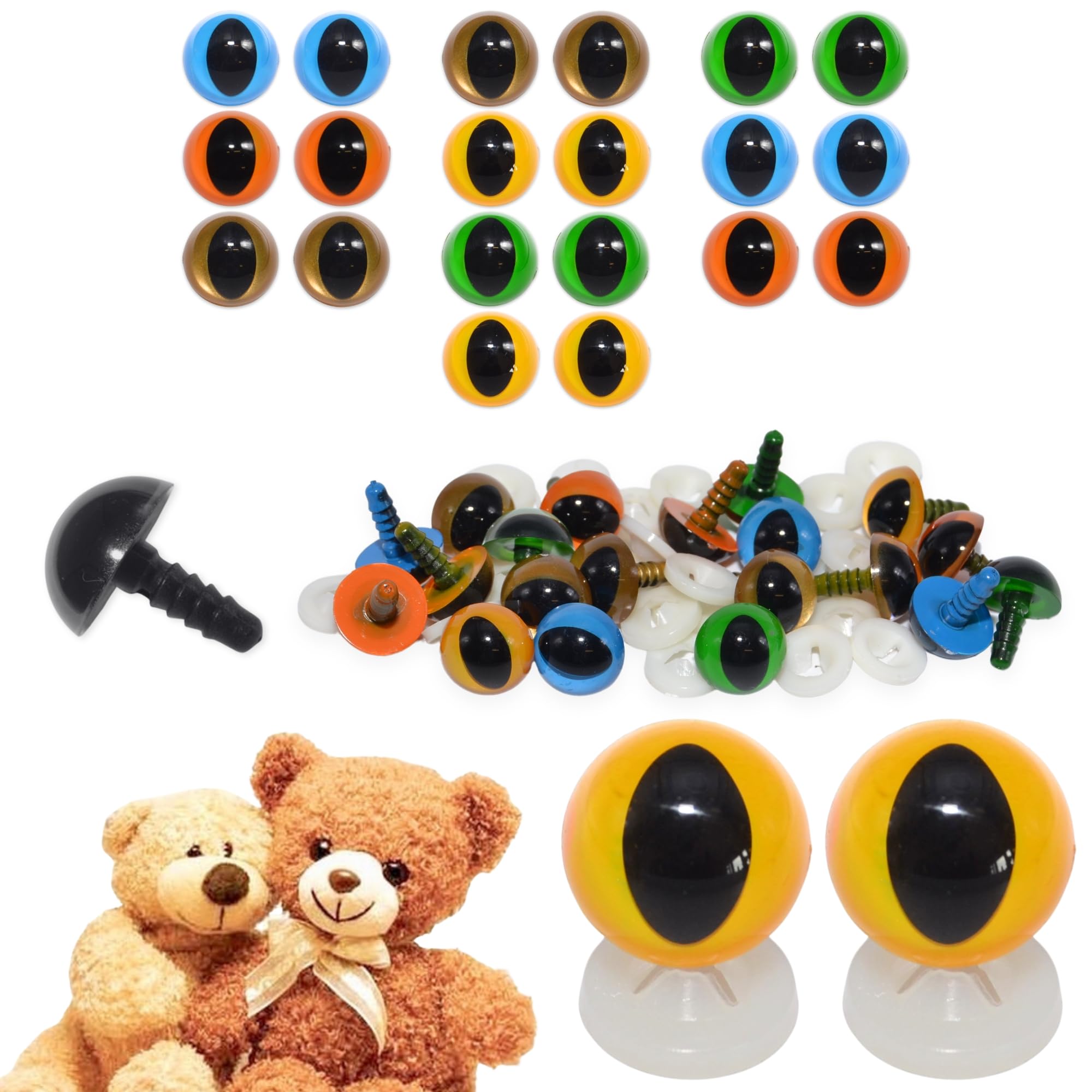 celloexpress 12mm Mixed Cats Eyes with Plastic Backs - Safety Eyes for Soft Toy Teddy Bear Animal Making (Pack of 10 Pairs)
