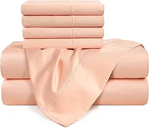Casa Platino 100% Egyptian Cotton Sheets Full Size Set - 6 Pcs (1 Flat, 1 Fitted, 4 Pillowcases)- Ultra Smooth Sateen Weave Bed Sheets Set with 15" Deep Pockets - Veiled Rose