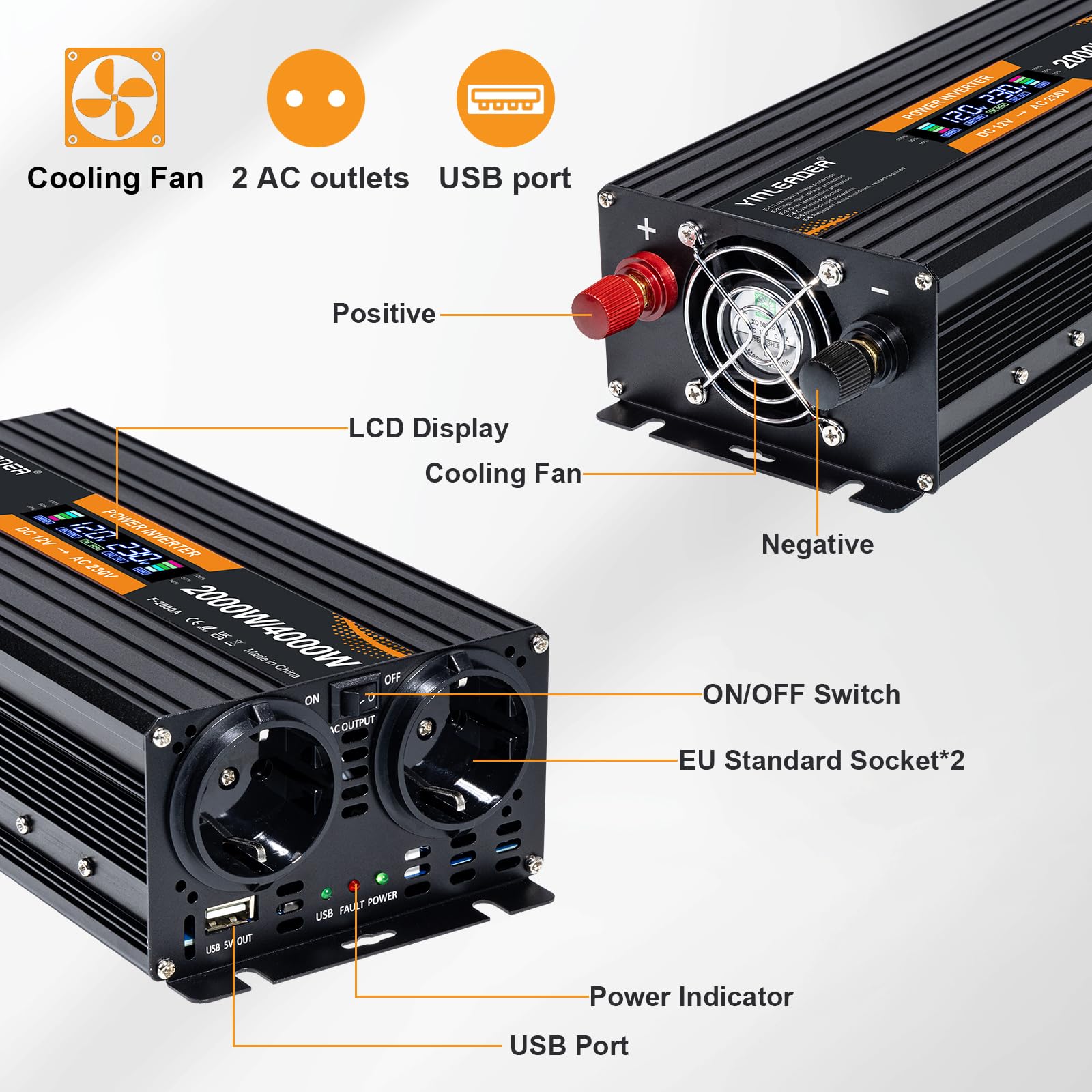 Yinleader Invertitore 12 V 230 V 2000 W con display LCD DC 12 V a 230 V AC potenza di picco inverter con 2 prese UE e porta USB per auto, campeggio, camion/4000 W