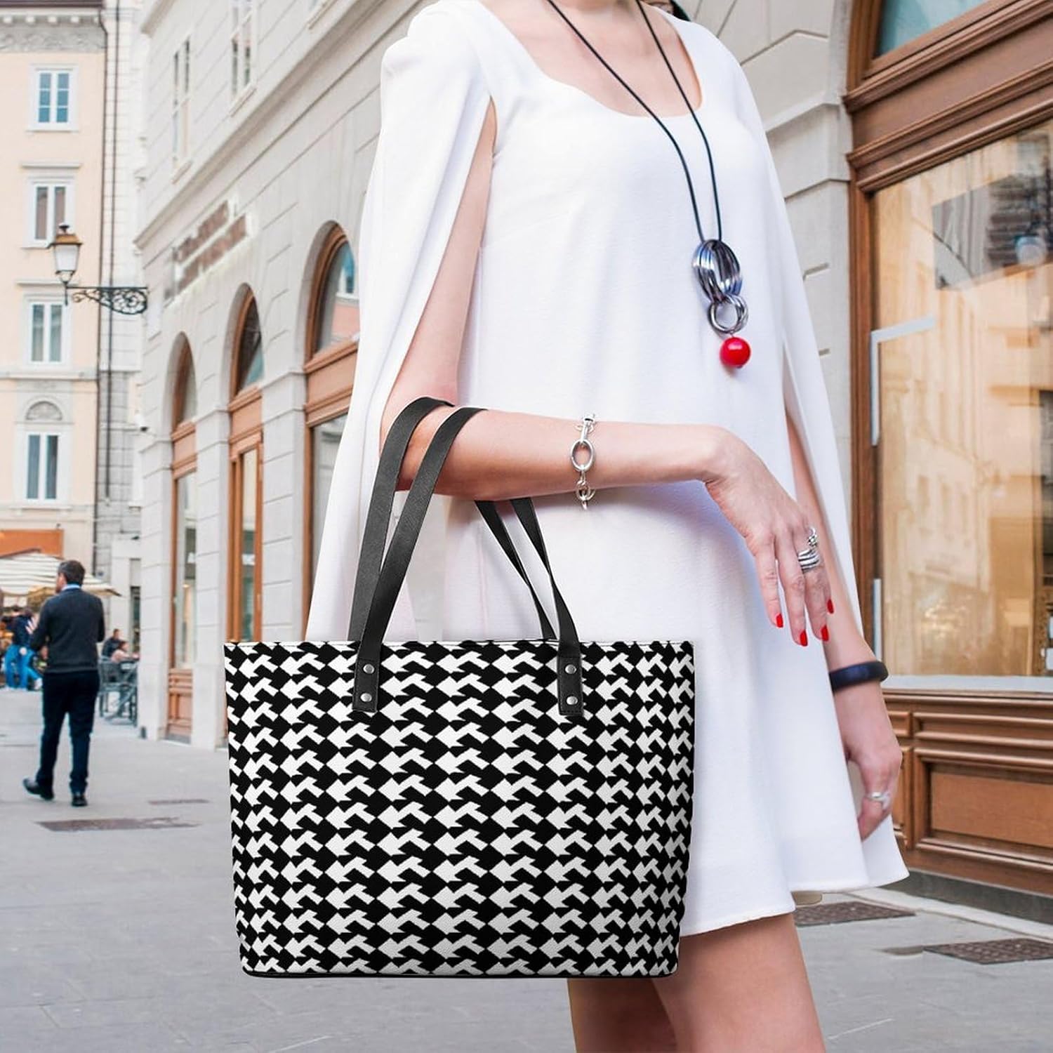 Houndstooth Black Tote Bag for Women Top Handle Large Size Satchel Purse Ladies Chic Shoulder Bag Aesthetic Leather Shoulder Handbag for Work Travel Cute Casual Message Bags