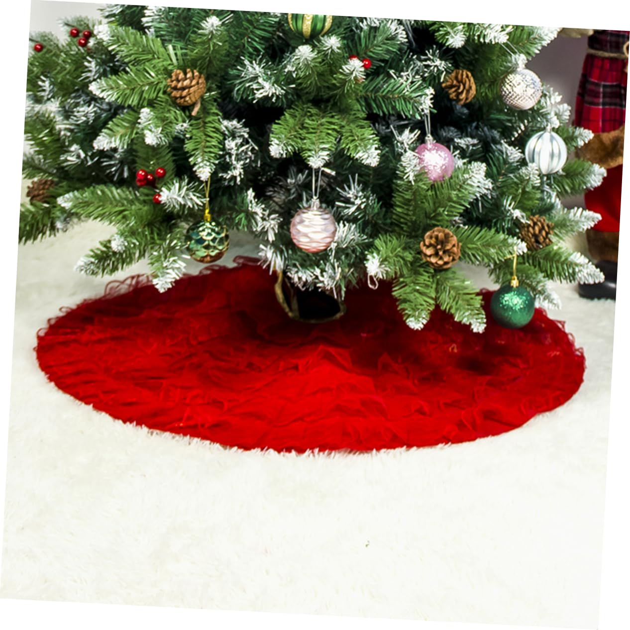 Cabilock 2 Pz Grembiule Gonna Albero Di Natale Gonna Base Albero Di Natale Arredamento Del Pavimento Gonna 'albero Delle Vacanze Addobbi Natalizi Abito Di Pizzo Pieghettato Rosso