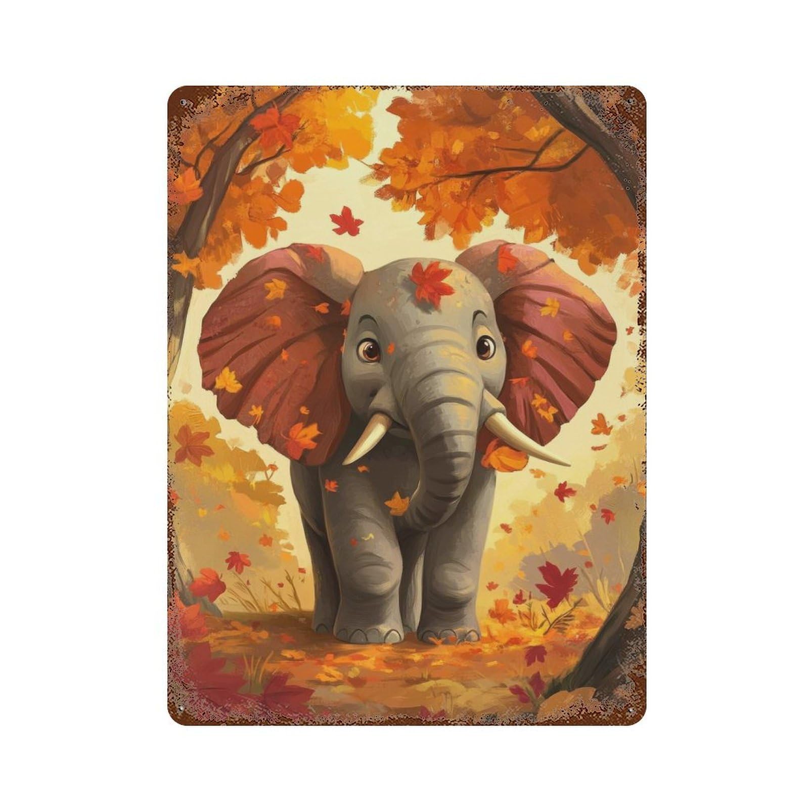 Distressed Metal Wall Sign Autumn Elephant 15.7"x11.8", Vintage Wall Decor for Cafe, Home Bar And Lounge Decor