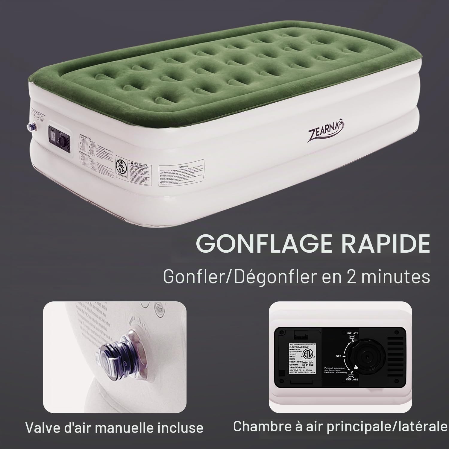 Zearna Matelas Gonflable 1 Place 190x100x46cm Auto-Gonflant avec Pompe Électrique Intégrée Lit Gonflable 1 Personne Superficie Floccée Imperméable Lit d'Invité 1 Personne pour Maison et Camping
