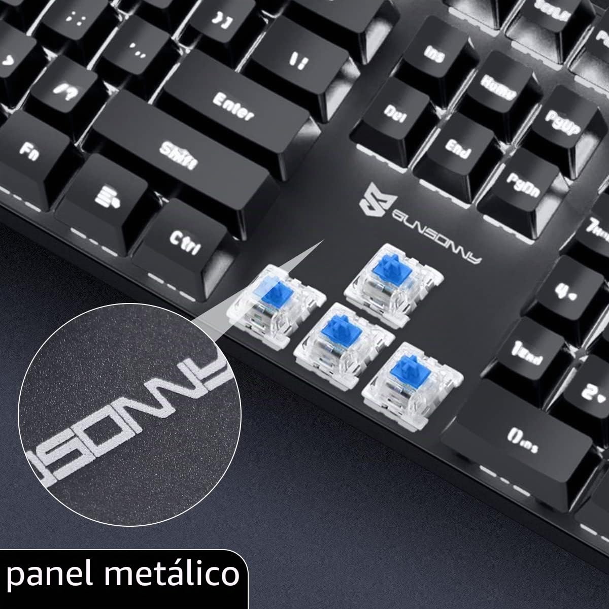 Qisan Teclado mecánico para juegos, retroiluminación LED, negro, 104 teclas, diseño americano, interruptor azul extraíble, USB-A