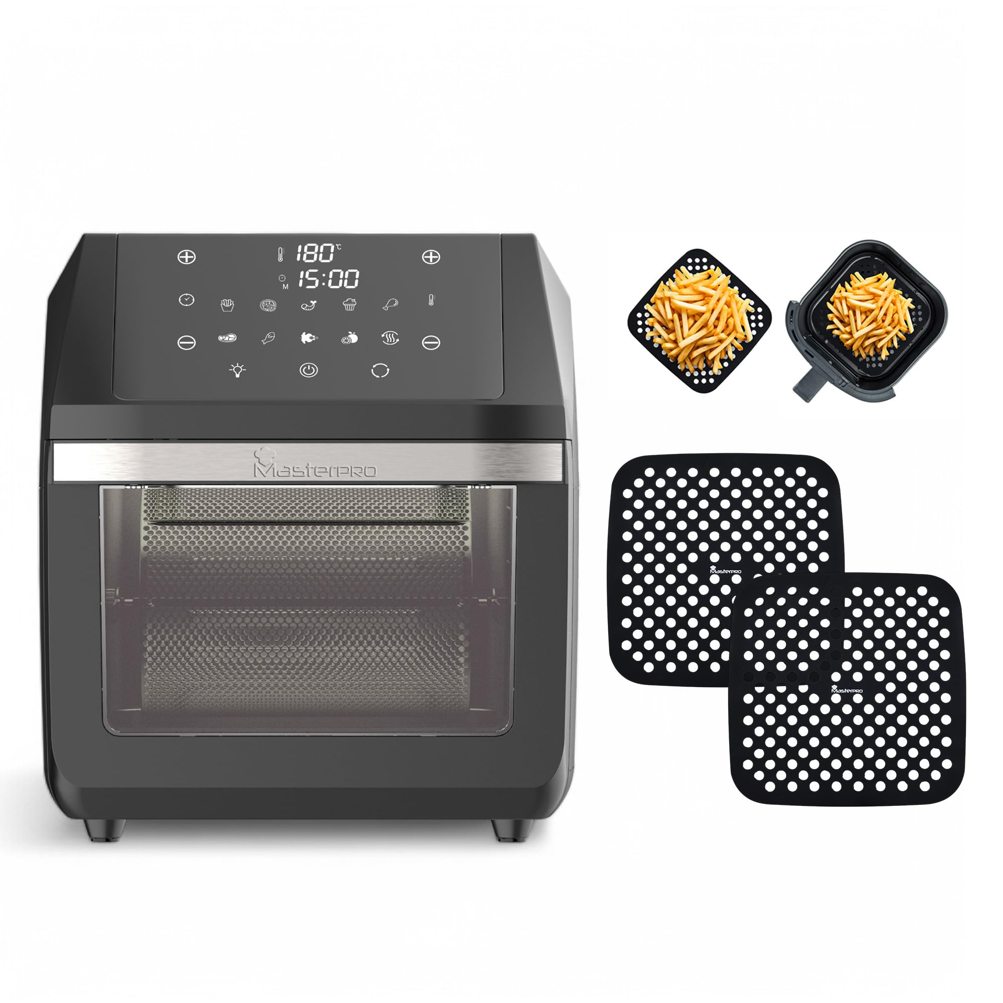 MasterPro Pack Freír Sin Aceite | ROCKET 1100 Mini Horno Multifuncional | Freidora de Aire 11L + 2 Alfombrillas de Silicona | Cocina Fácil Limpieza sin que se Peguen los alimentos