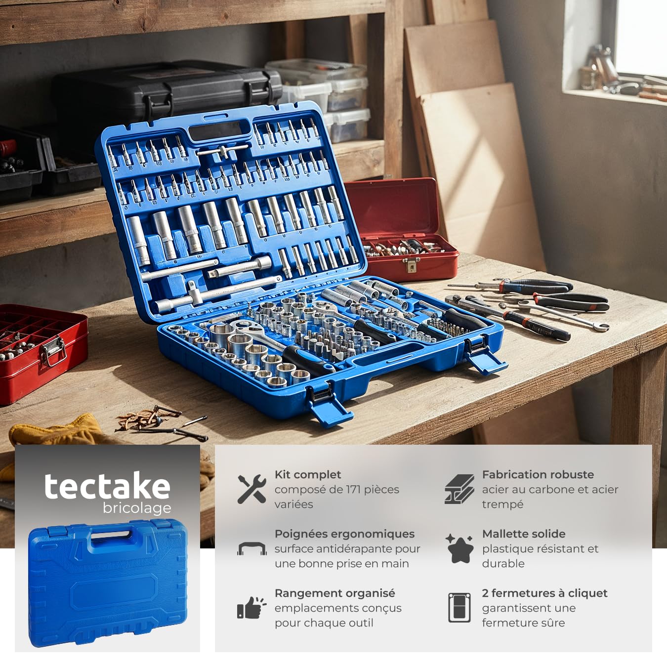 tectake® Coffret douille cliquet, 171 Pièces (Douilles, Clé a douille, Clé à cliquet), Malette outils, Jeux de douilles, Douille torx, Boite à outils, Outillage mecanique auto, Coffret cliquet