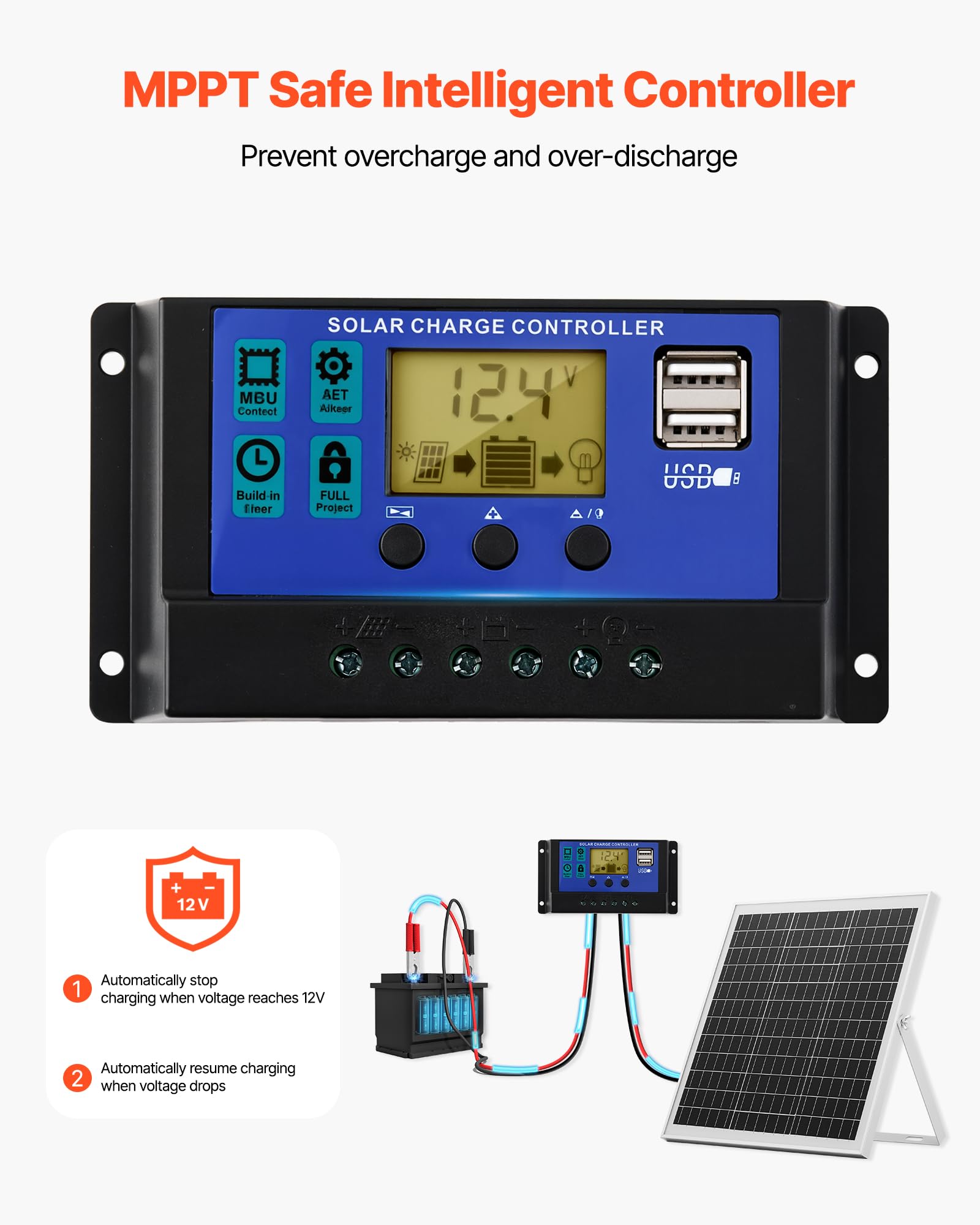 VEVOR Ładowarka baterii panelu słonecznego 20 W 12 V, z inteligentnym kontrolerem MPPT i regulowanym wspornikiem montażowym, wodoodporność IP67, do samochodu, łodzi, kampera, przyczepy motocyklowej