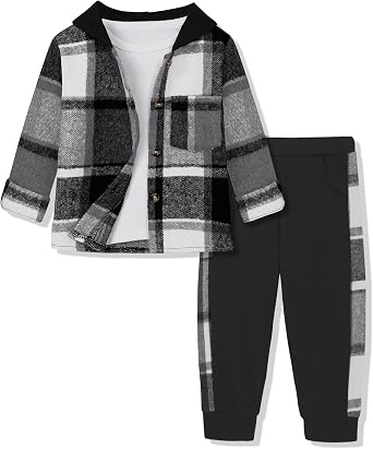 Crazyme 3Pcs Toddler Boy Clothes Plaid Shirt & White T-Shirt & Pants Boys Fall Outfits Clothing Set for Kids 6M to 6Y