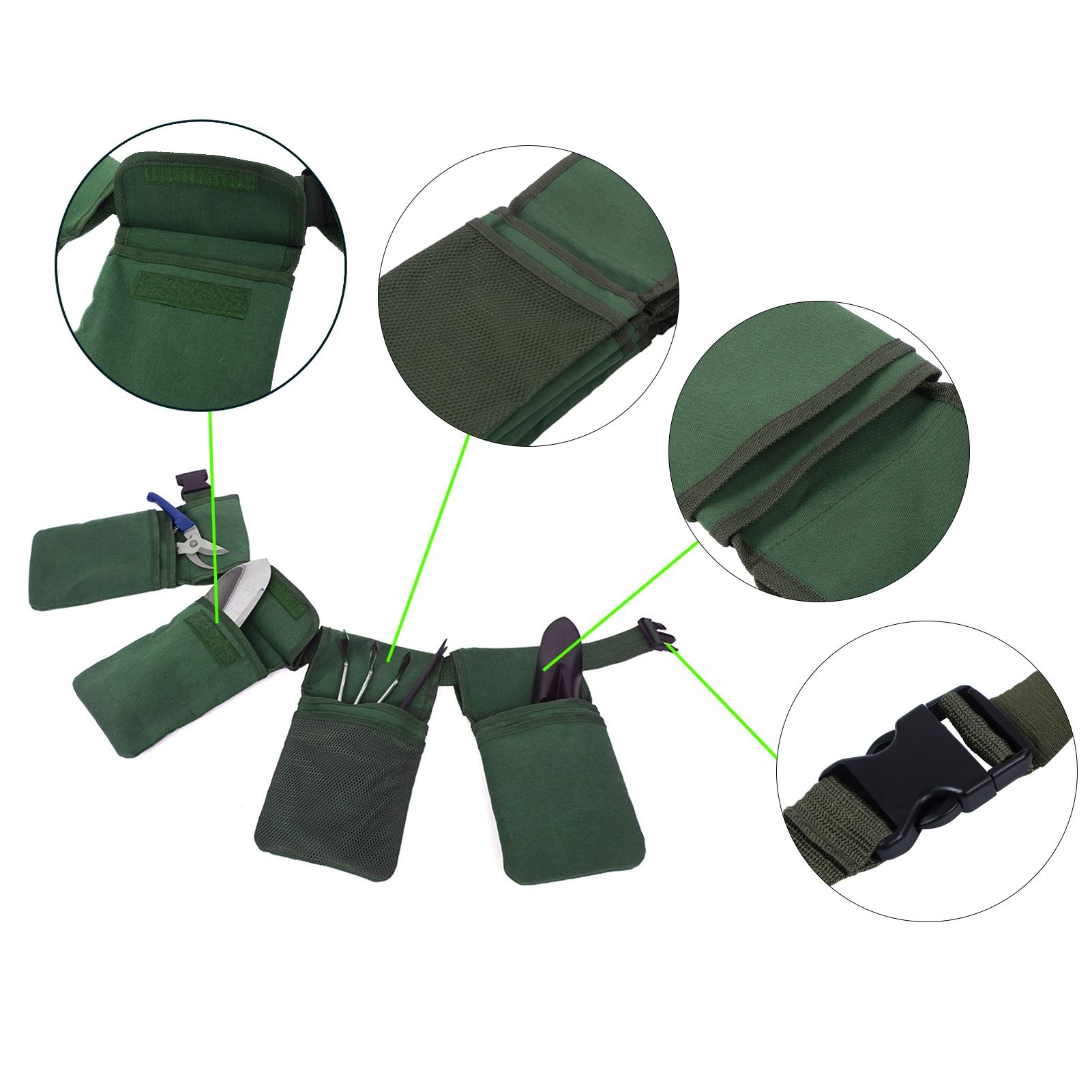 Ceinture à outils de jardin EBTOOLS, sac organisateur de jardin en toile résistante avec 4 poches amovibles et profondes, lavable, vert, 29 x 15 cm, 125 cm de long