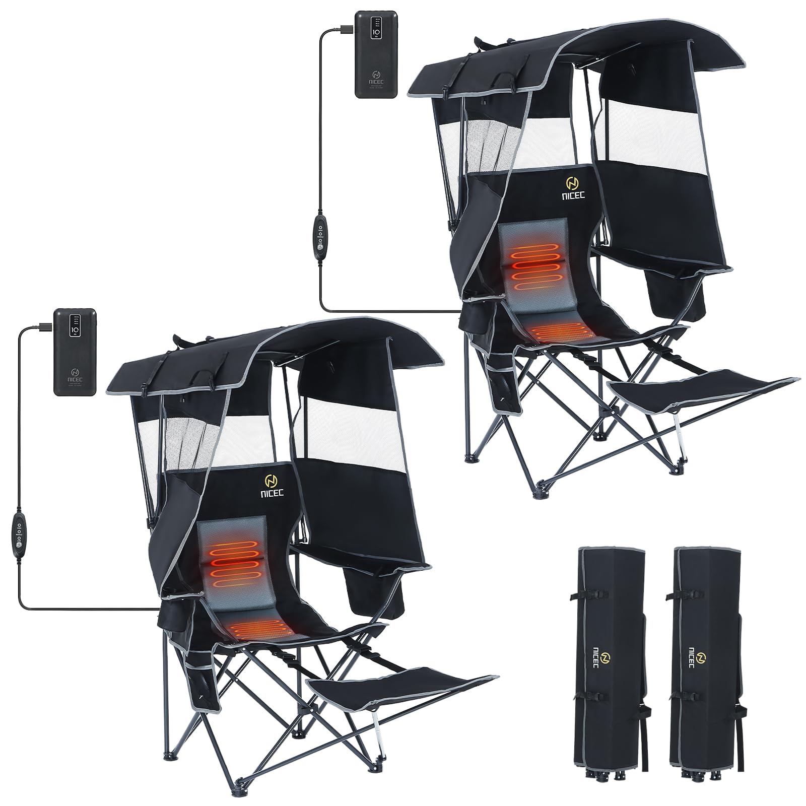 Nice C Chair with Canopy, Heated Camping Chair with Battery, Outdoor Sports Chairs with Shade, Heated Folding Umbrella Lawn Chairs, with Removable