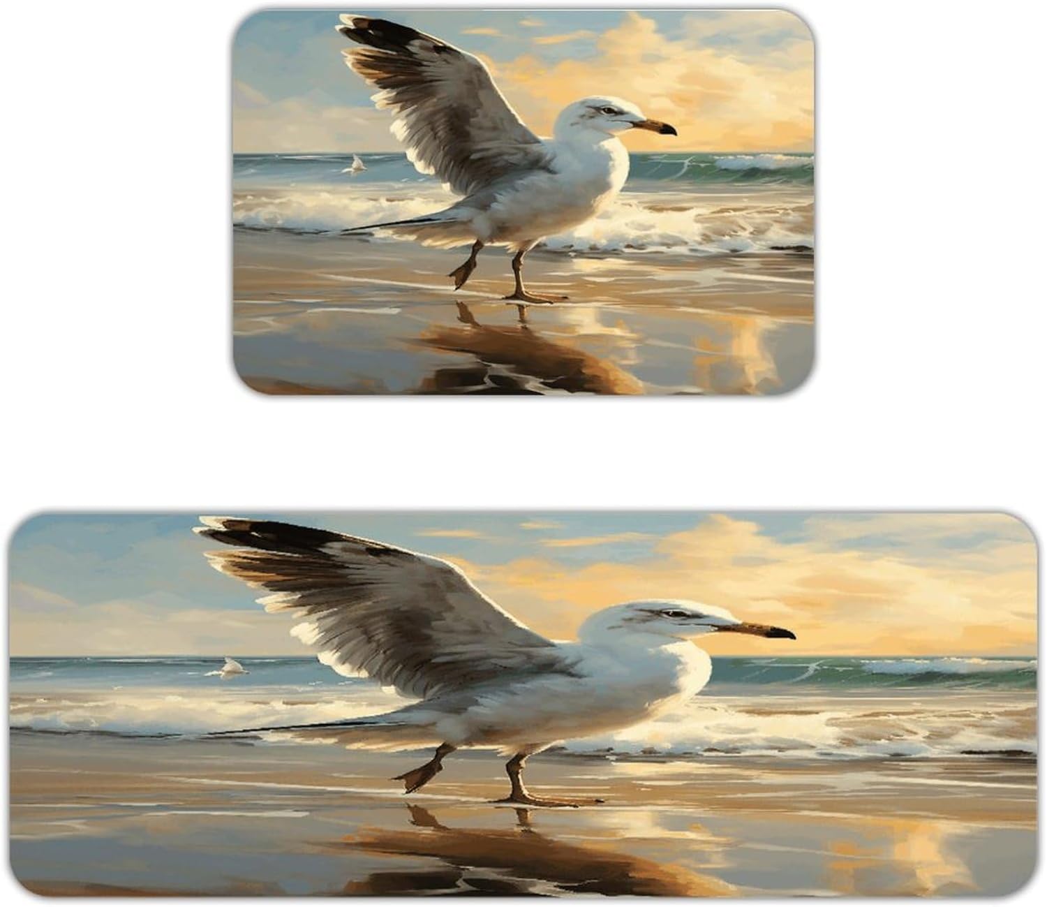 Painting of A Seagull Kitchen Mat Washable Non Slip Rugs Soft Kitchen Mats for Floor Set of 2 PCS Cushioned Absorbent Runner Standing Rugs for Home Sink Laundry Office