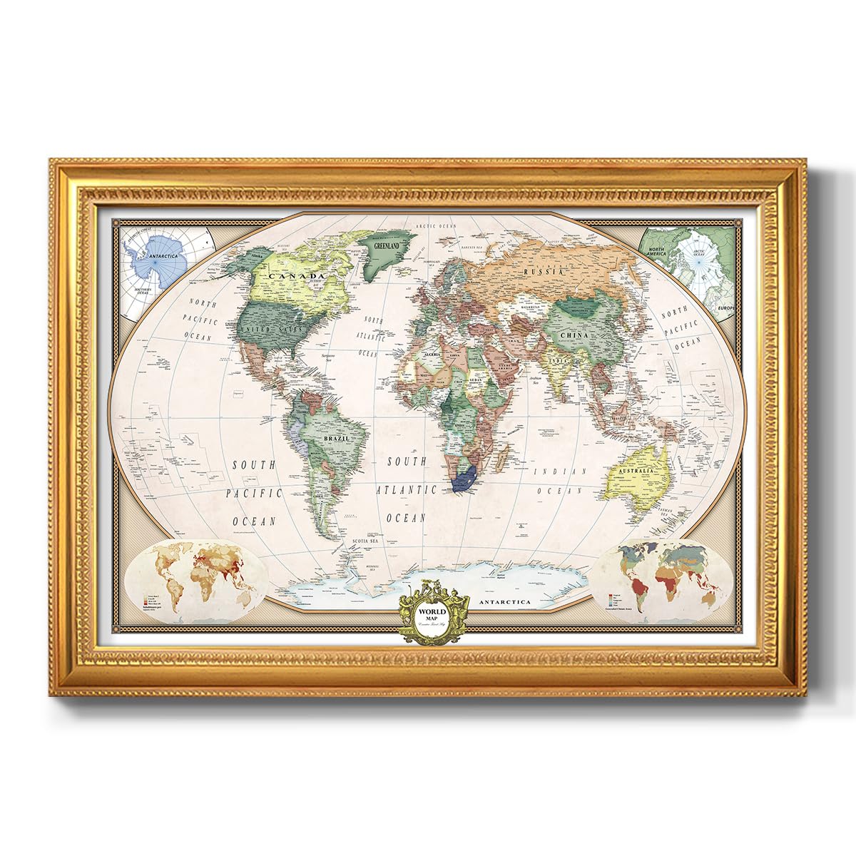 Renditions Gallery Colorful World Map Canvas Wall Art with Vintage Gold Frame Wall Hanging Travel Map with Push Pins for Home, Office, Classroom
