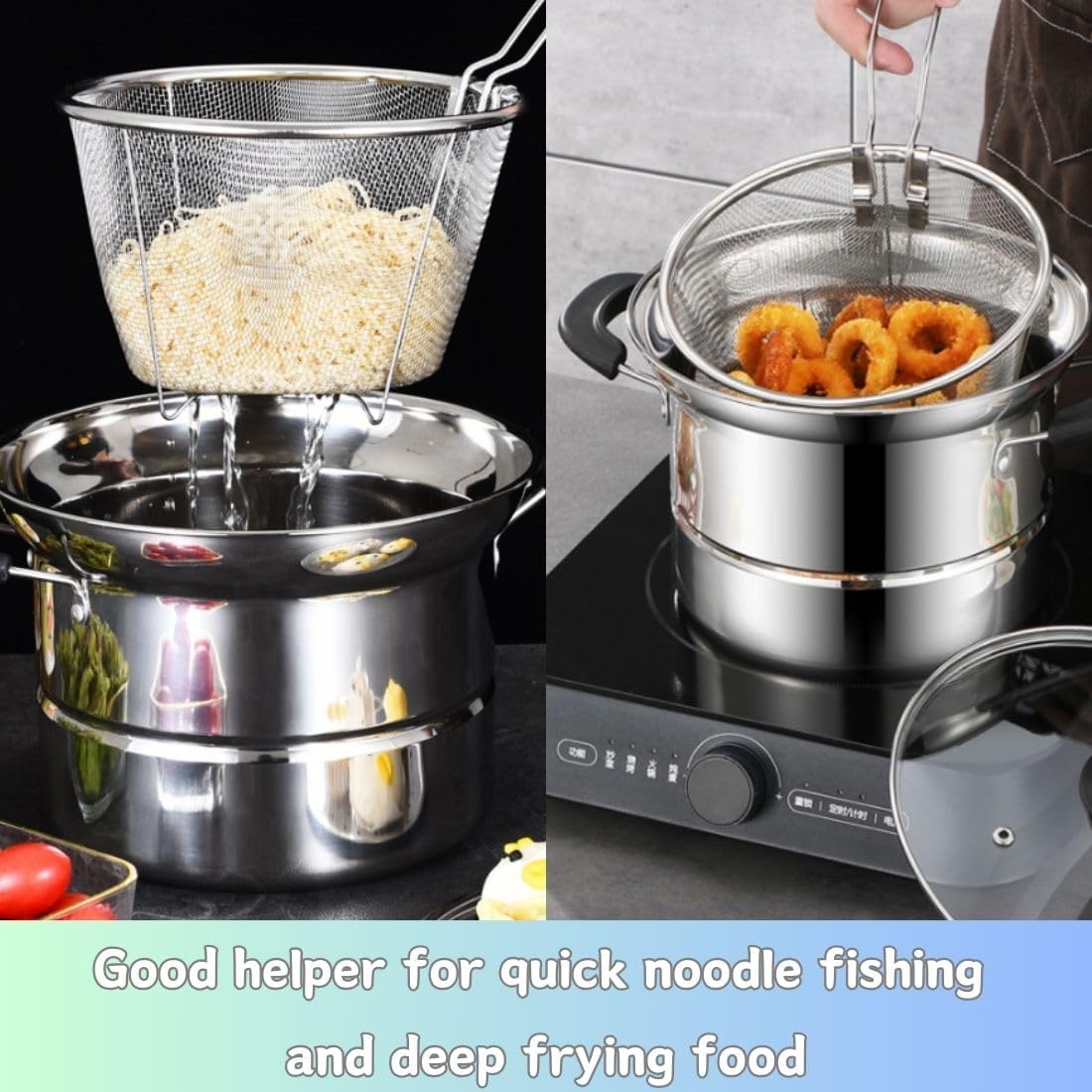Stainless Steel Multipurpose Pot with Deep Fry Basket, Steamer Rack, Glass Lid Strainer, 3.5 Quart Sauce Pan with Stay-cool Handle for Cooking Gravies, Vegetable Steamer