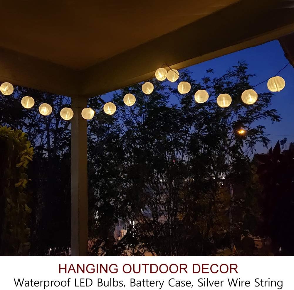 Bright Zeal 20' Long 30 LED Lanterns String Lights Battery Powered - Indoor Outdoor 3" White Silk-Like Cloth Round LED Lanterns String Decoration - Mini Ball Lights for Yard Bedroom Wedding Décor