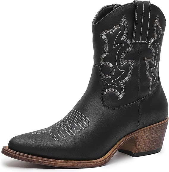 GLOBALWIN Cowboy Boots For Women Cute Cowgirl Boots Women's Western Boots With Embroidery Side Zipper Chunky Heel