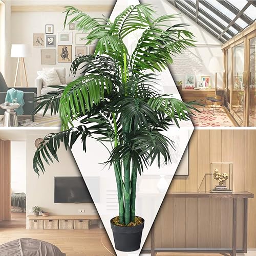 Miniatura 3 de Goplus Palmera artificial, planta tropical de vegetación falsa en maceta de 3.5 pies de alto, árbol de suelo sintético para decoración de interiores